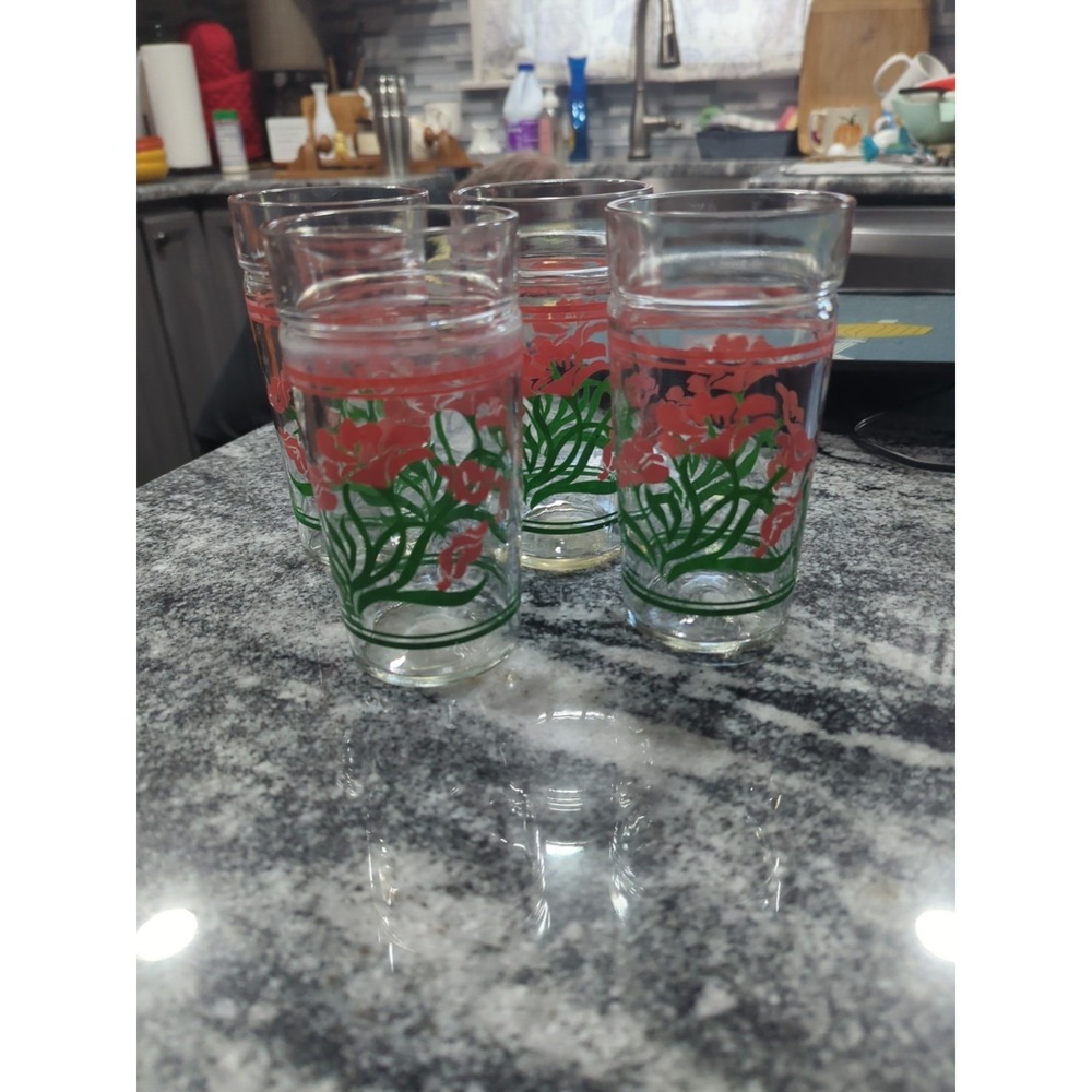 4 Vintage 1970s Libbey Country Garden Glass Tumblers Floral Pink Flowers